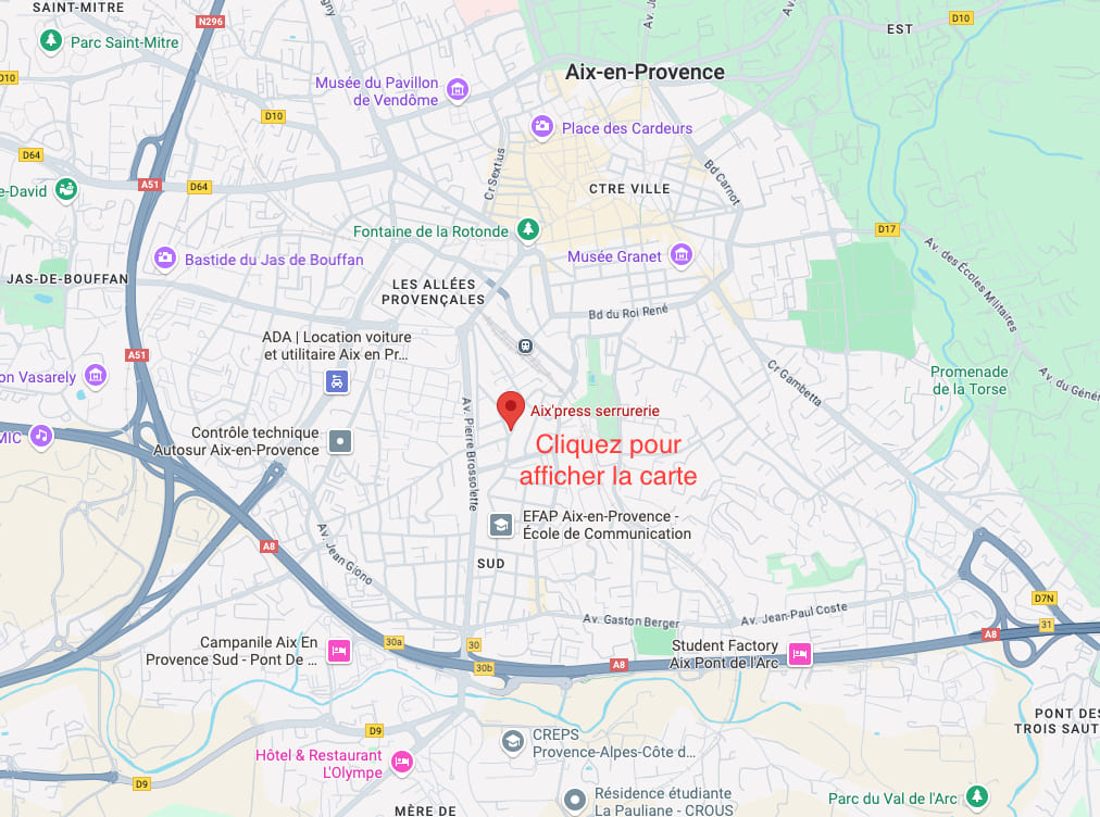 Carte indiquant l'adresse de Aix-Press Serrurerie 24/24, votre partenaire confiance en Serrurerie, ouvertures de portes, rideaux métal, volets roulants, et vitrerie à Aix en Provence