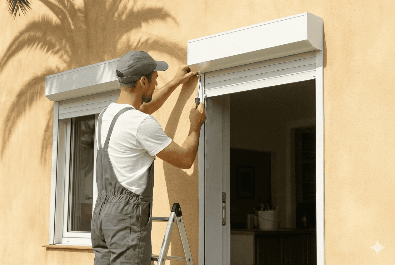 Spécialiste Aix-Press en train d'installer un volet roulant avec coffre extérieur a Aix en Provence - Installation rénovation volets roulants