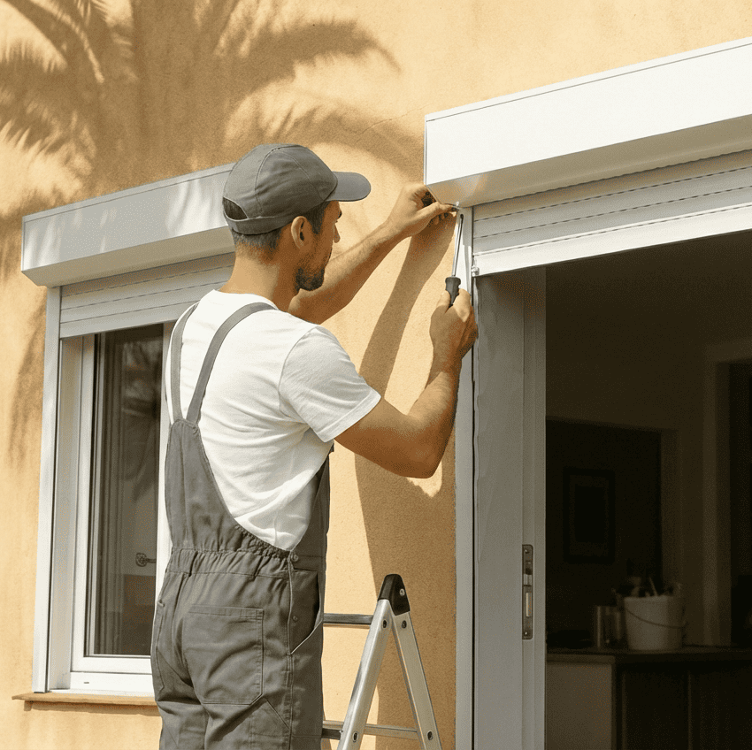 Spécialiste Aix-Press en train d'installer un volet roulant avec coffre extérieur a Aix en Provence - Installation rénovation volets roulants