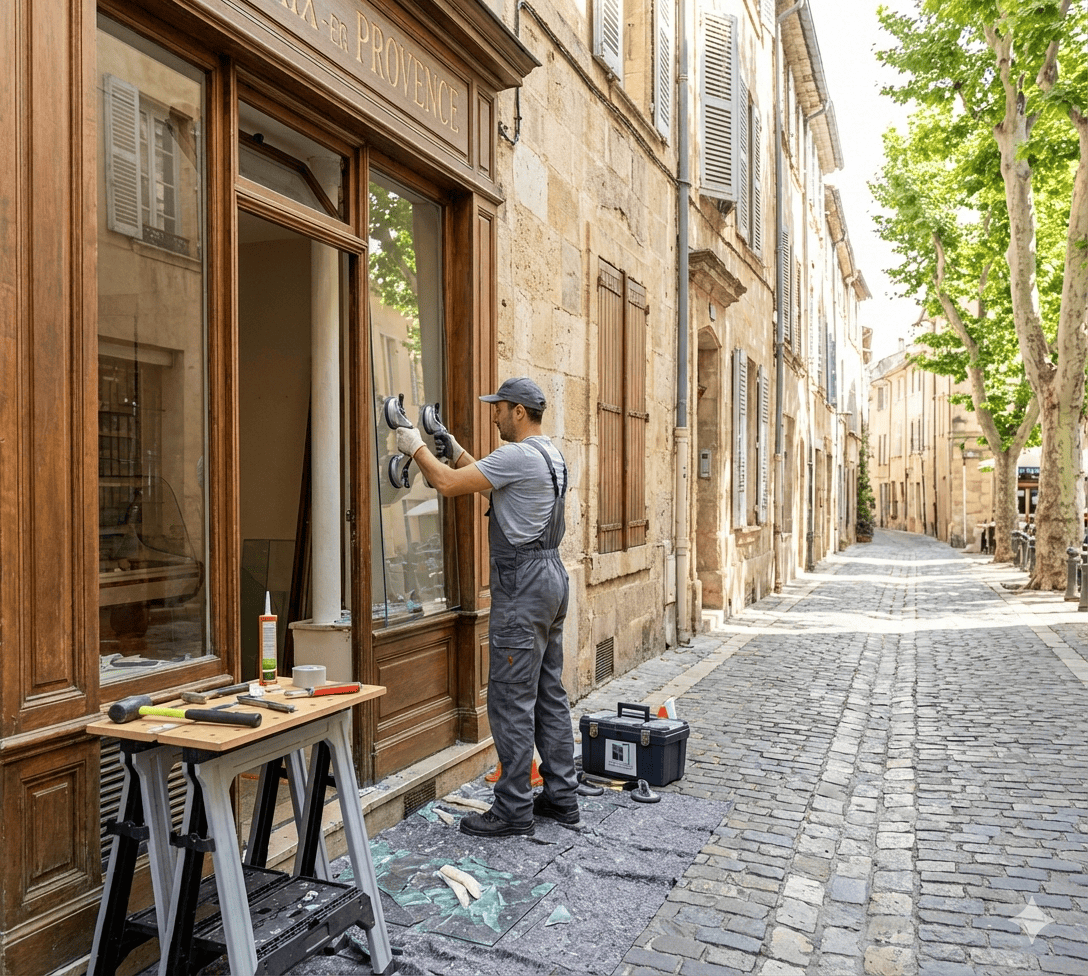 Spécialiste Aix-Press en train d'installer un volet roulant avec coffre extérieur a Aix en Provence - Installation rénovation volets roulants